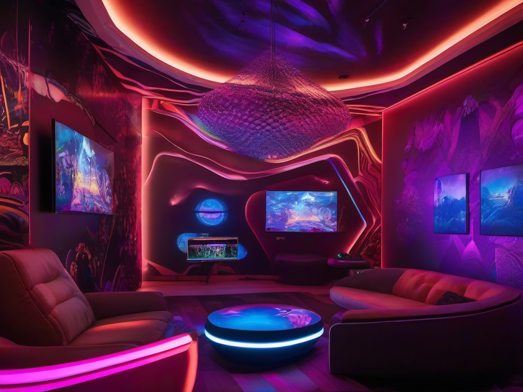 In the gamer room, psychedelic interior design features bright LED lighting, surreal wall art, and dynamic furnishings that create an immersive environment for gaming adventures.  