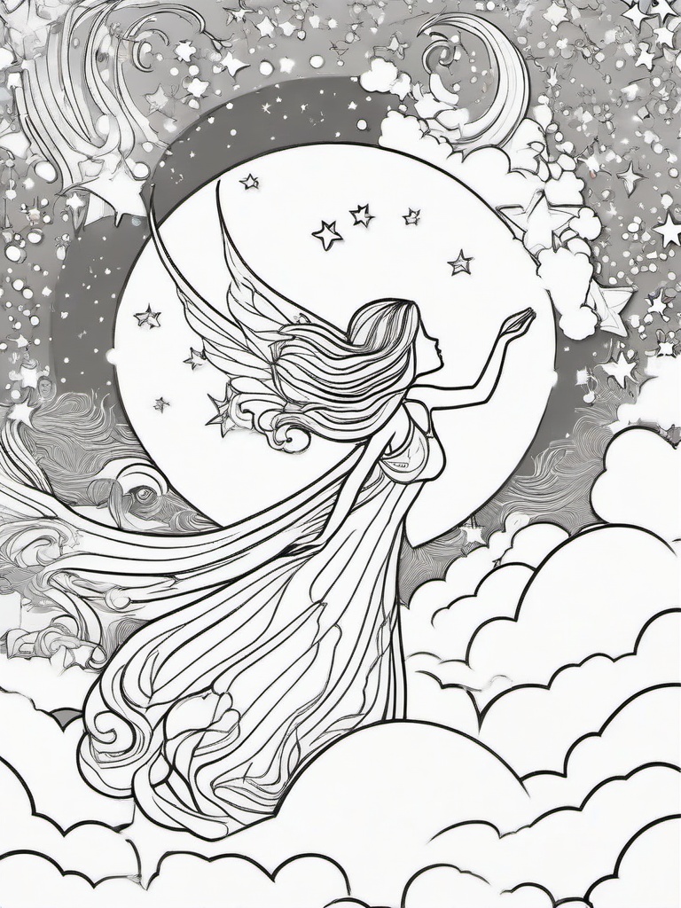 Fairy with a Starlit Sky Coloring Pages - Fairy Flying Beneath a Sky Full of Stars  minimal black outline printable sheet, coloring page