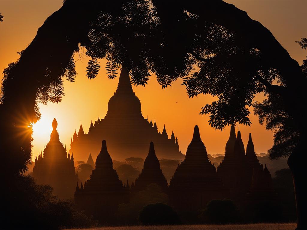 bagan temples at sunset - illuminate the bagan temples in myanmar, silhouetted against a stunning sunset. 