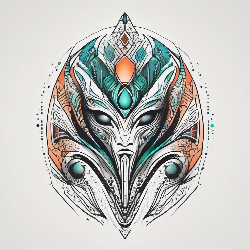 Geometric Alien Tattoo - Blend geometric precision with extraterrestrial motifs in a unique alien tattoo.  simple color tattoo,vector style,white background