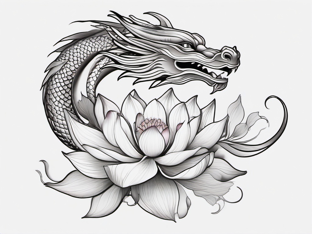 Dragon Lotus Tattoo - Elegant tattoo featuring a dragon amidst lotus flowers.  simple color tattoo,minimalist,white background