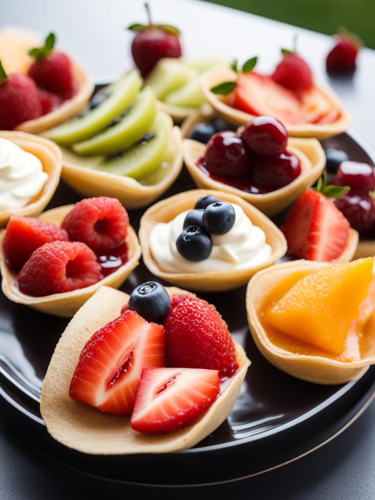 platter of bite-sized fruit-filled crepes, with a variety of fruit compotes and whipped cream. 