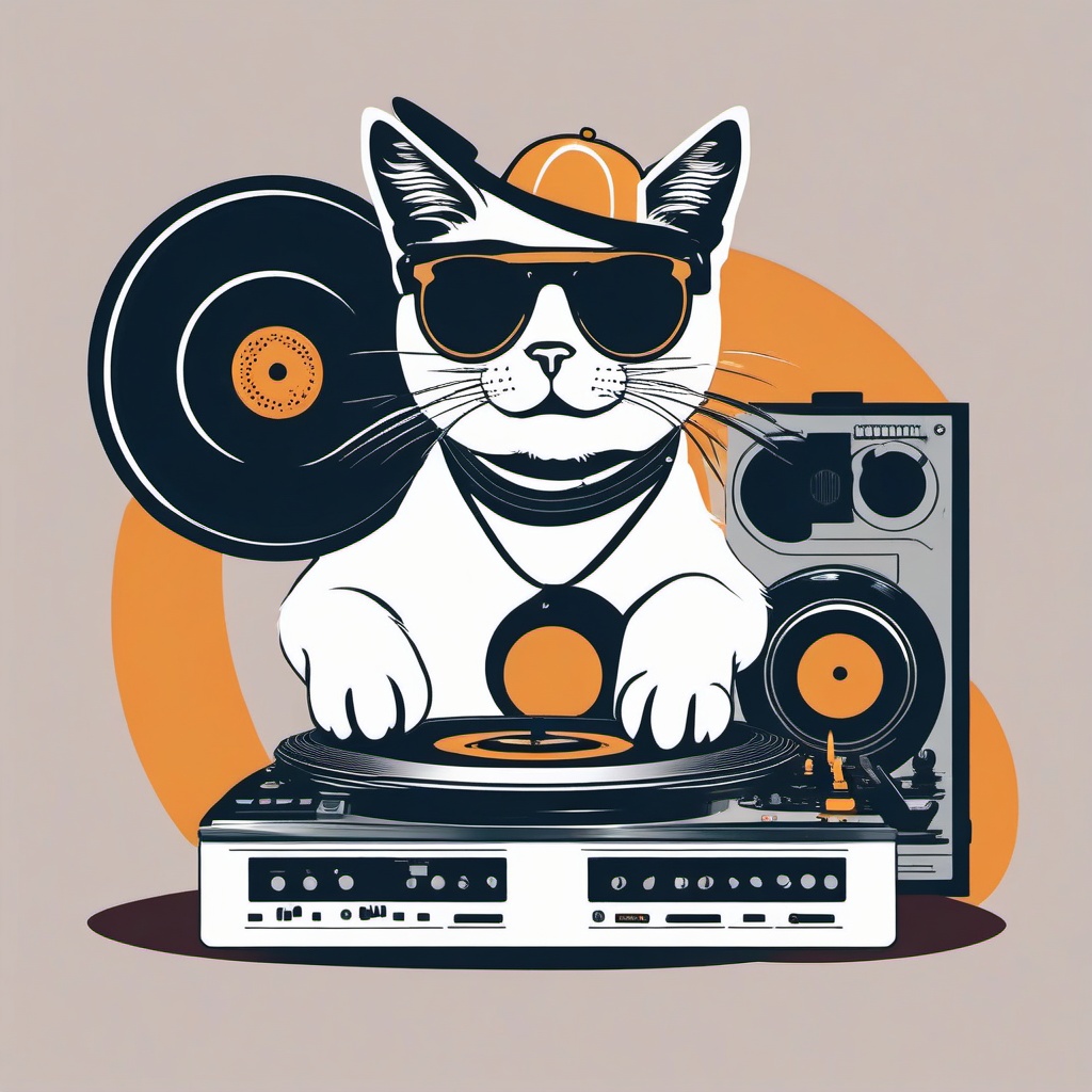 Cat as a DJ, spinning records at a party  minimalist design, white background, t shirt vector art