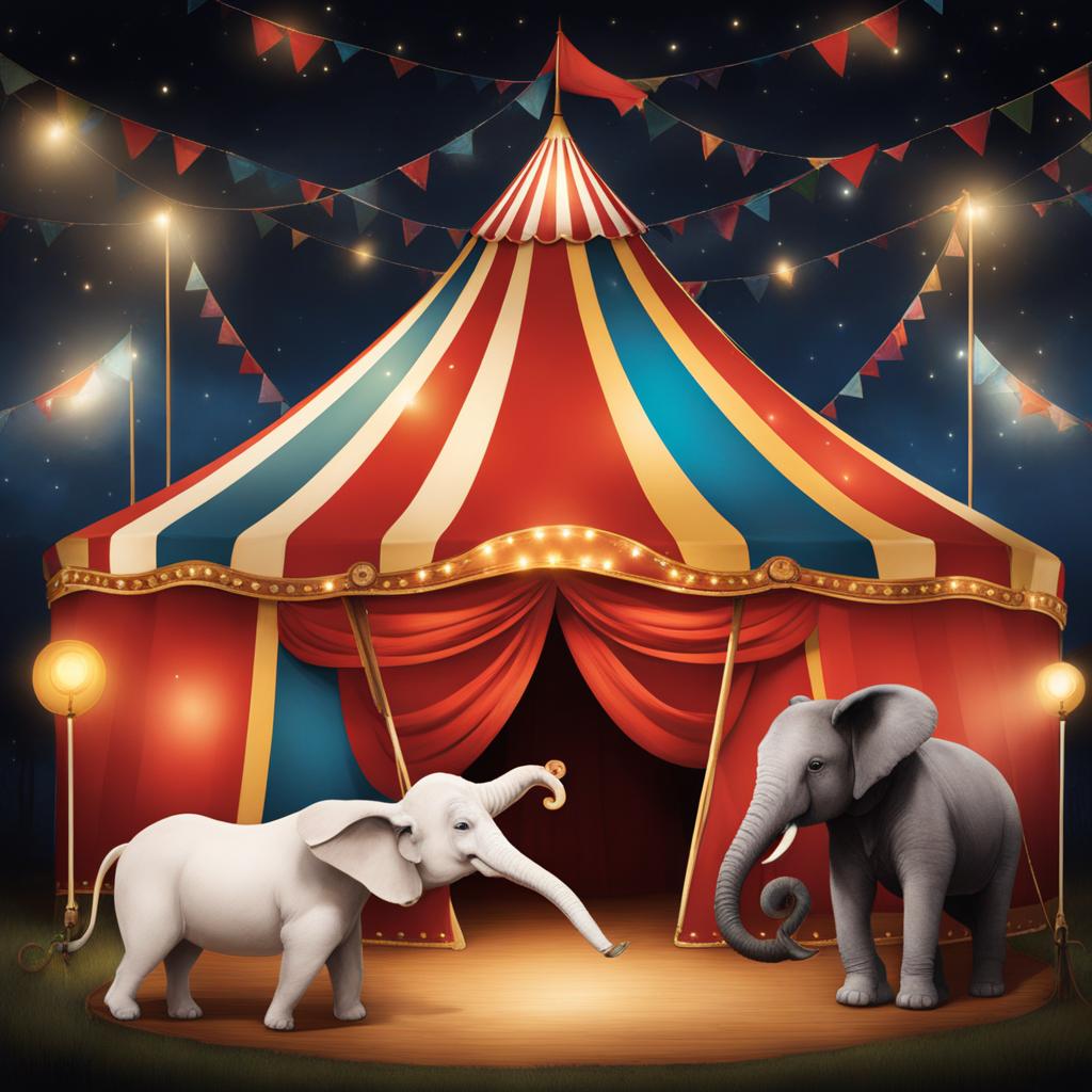 create a whimsical circus at night with performing animals under the big top. 