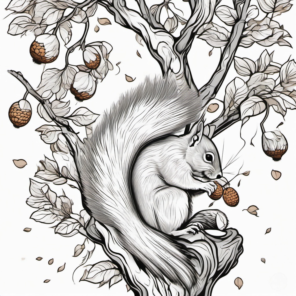 Squirrel Tattoo - Energetic squirrel gathering acorns in a tree  few color tattoo design, simple line art, design clean white background