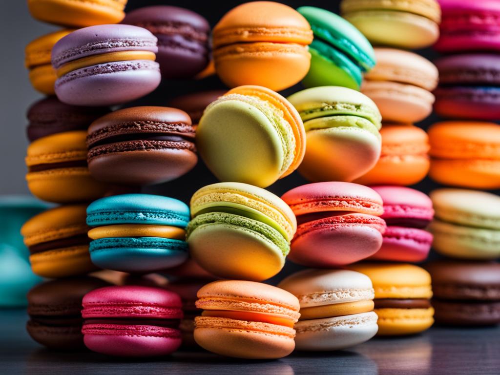 a tower of colorful rainbow macarons, each with a vibrant hue and unique flavor. 