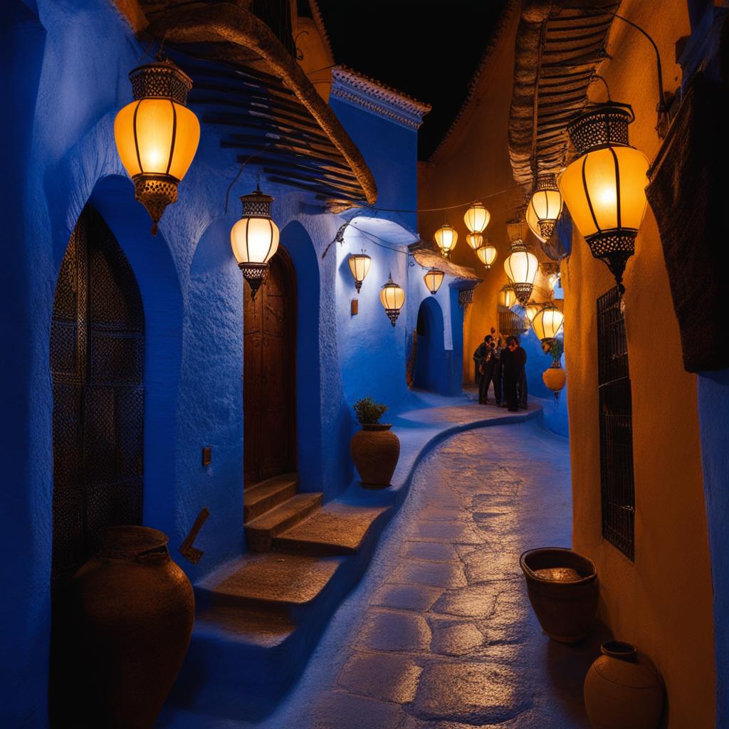 chefchaouen, morocco - imagine the blue city of chefchaouen bathed in the soft glow of lanterns, creating an enchanting atmosphere. 