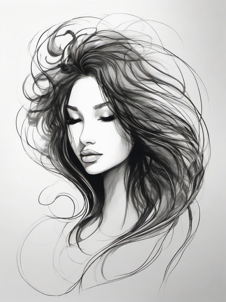 drawing of a fairy with flowing hair  minimal rough sketch scribbles,doodles,black and white