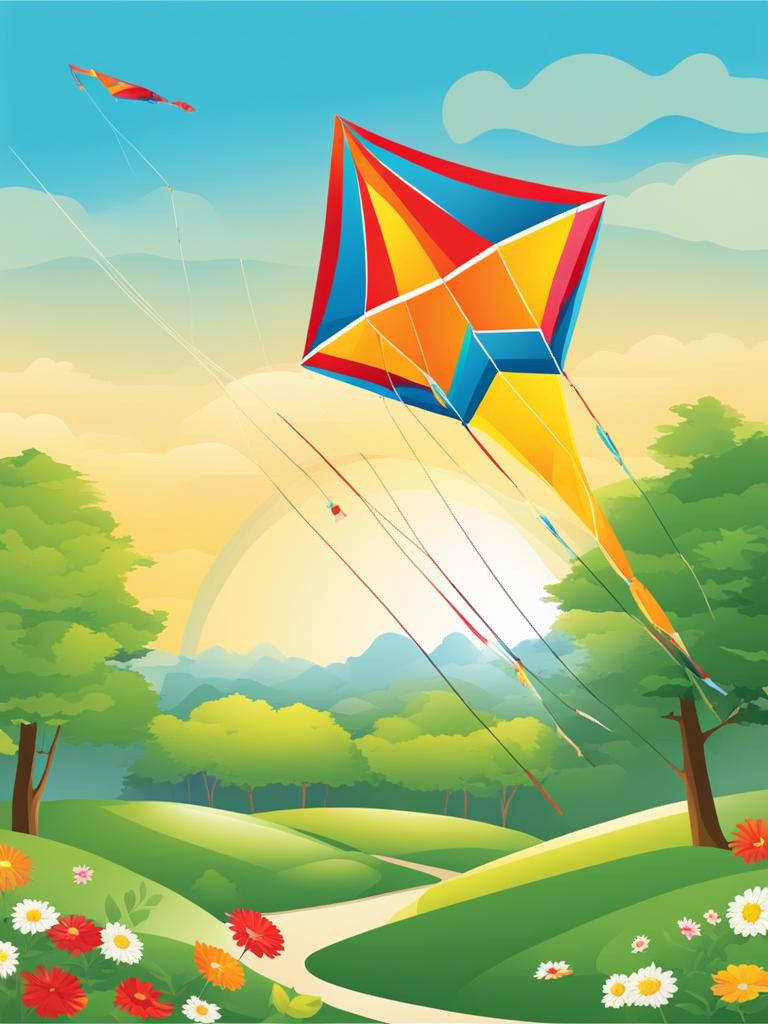 kite clipart - a vibrant kite soaring in the sky, flown by children in a sun-drenched park 