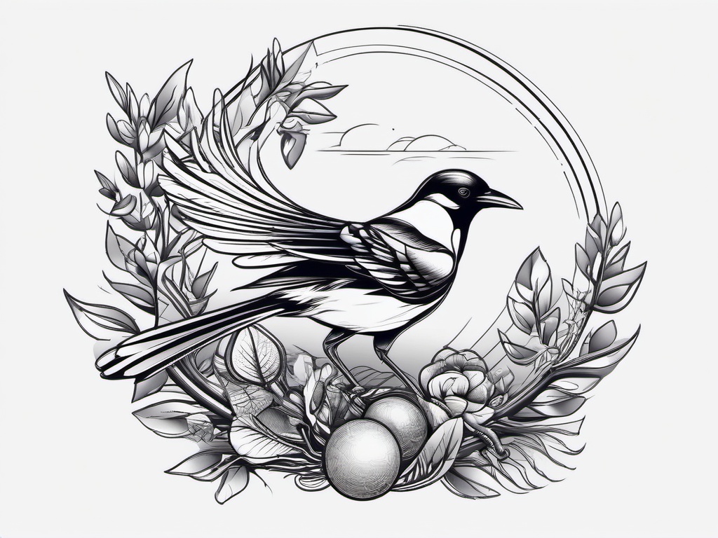 Magpie Tattoo - Magpie collecting shiny trinkets for its nest  few color tattoo design, simple line art, design clean white background