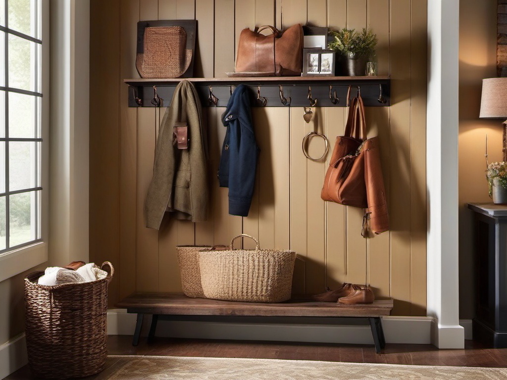 Rustic entryway highlights reclaimed wood elements, vintage hooks, and warm colors, evoking a cozy and charming atmosphere for entering the home.  