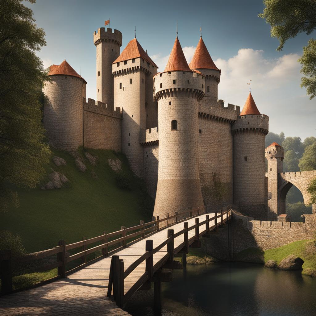 medieval castle, a historical fortress with stone walls, drawbridges, and turrets. 