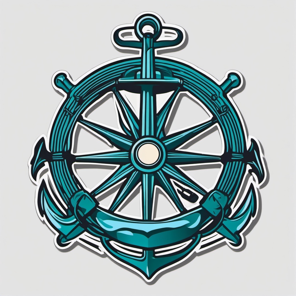 Anchor and Steering Wheel Sticker - Nautical anchor with a ship's steering wheel, ,vector color sticker art,minimal