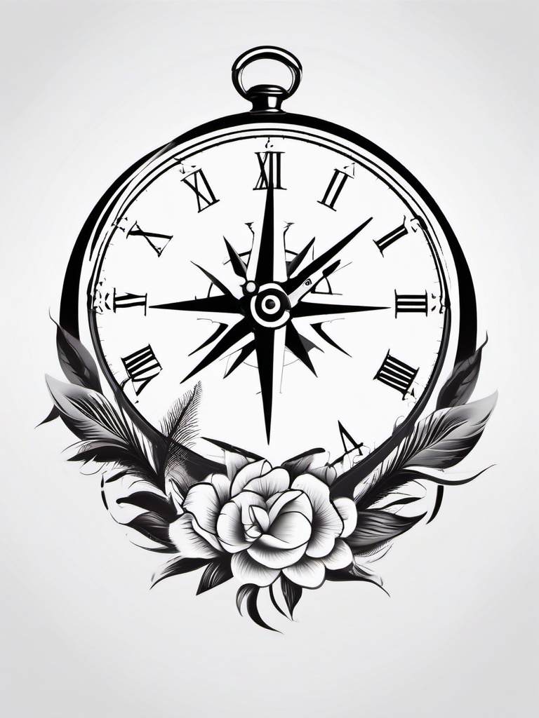 Tattoo Clock and Compass - Tattoo featuring both a clock and compass.  simple vector tattoo,minimalist,white background