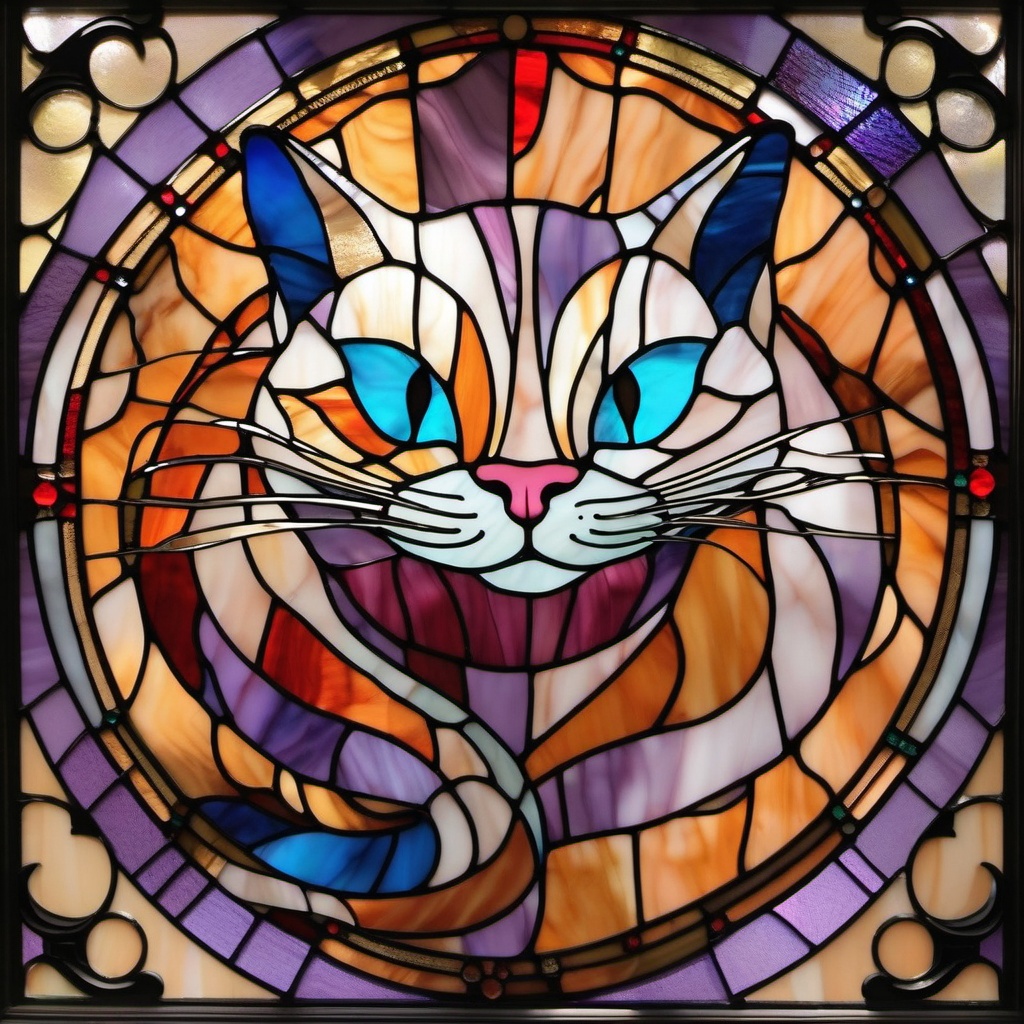 Cheshire Cat Stained Glass - Embrace the playful and mysterious with Cheshire Cat stained glass, capturing the iconic feline from Wonderland.  