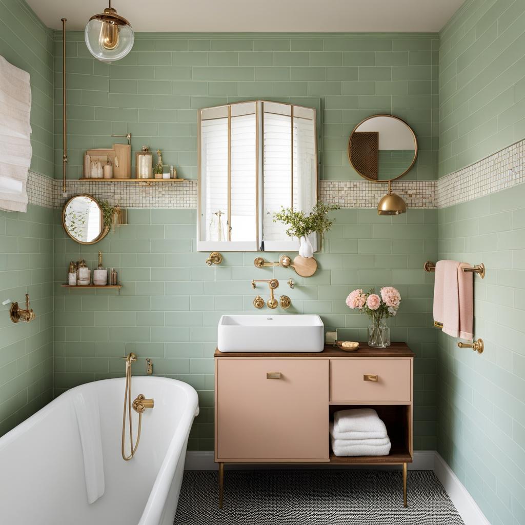 retro-inspired bathroom with pastel tiles and vintage fixtures. 