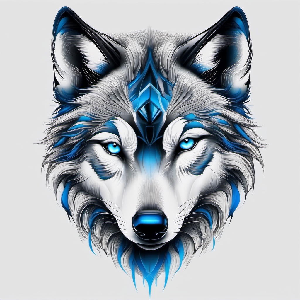 Wolf Blue Eye Tattoo,captivating tattoo featuring a wolf with striking blue eyes, exuding mystery and depth. , tattoo design, white clean background