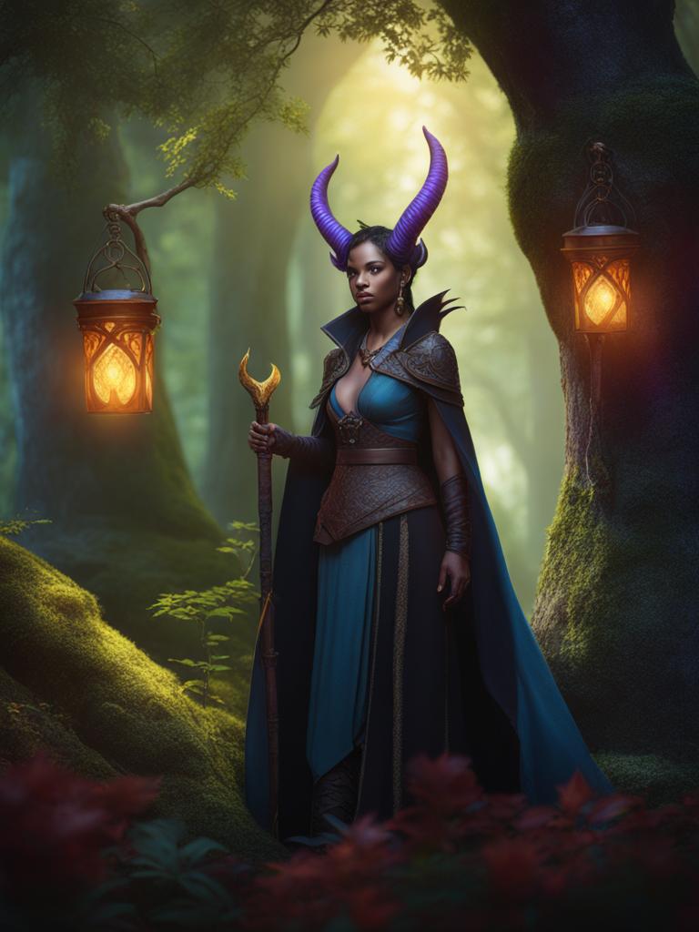 tiefling warlock,lirael nightshade,bargaining with a mischievous fey spirit,an enchanted grove detailed matte painting, deep color, fantastical, intricate detail, splash screen, complementary colors, fantasy concept art, 8k resolution trending on artstation unreal engine 5
