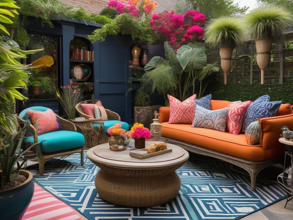 Maximalist patio showcases bold colors, eclectic decor, and a mix of furniture styles, making it a lively and dynamic space for outdoor enjoyment.  