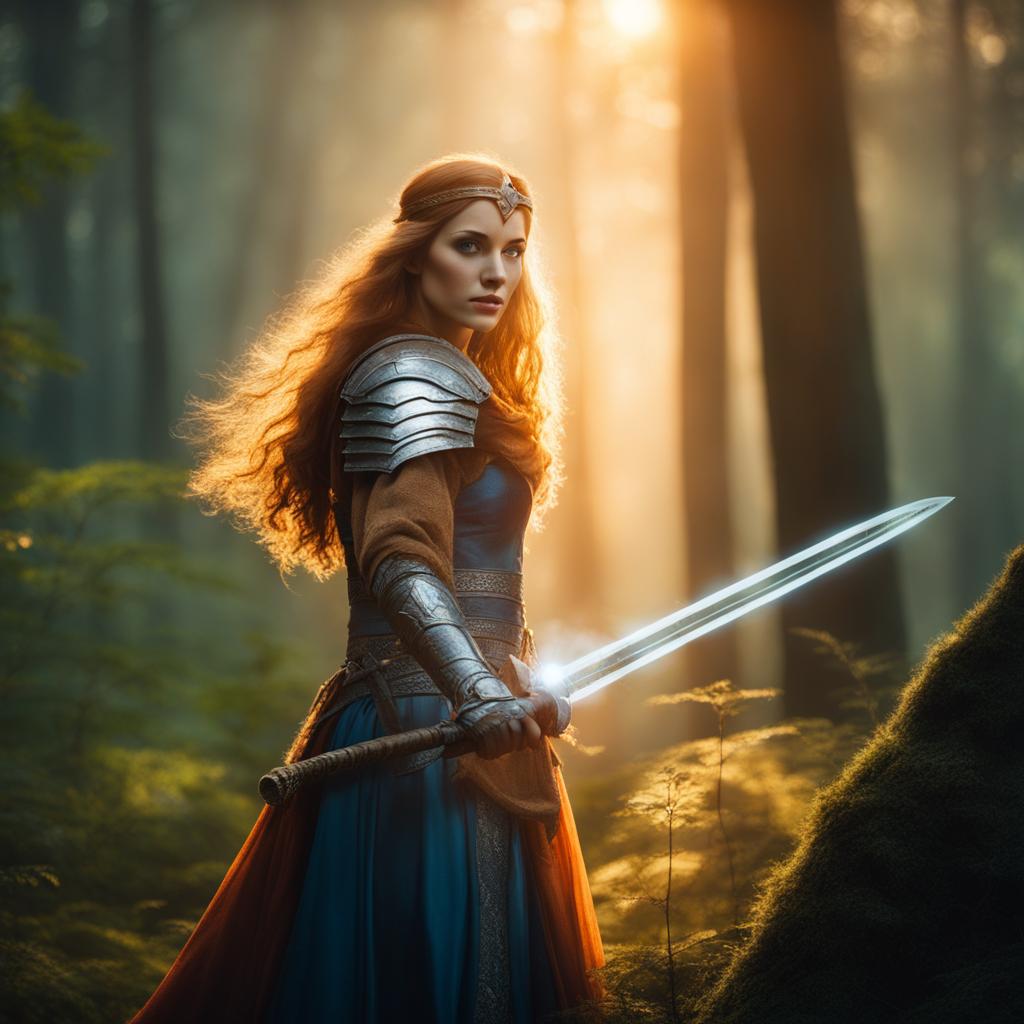 brave warrior princess wielding a glowing sword in a mystical, enchanted forest. 