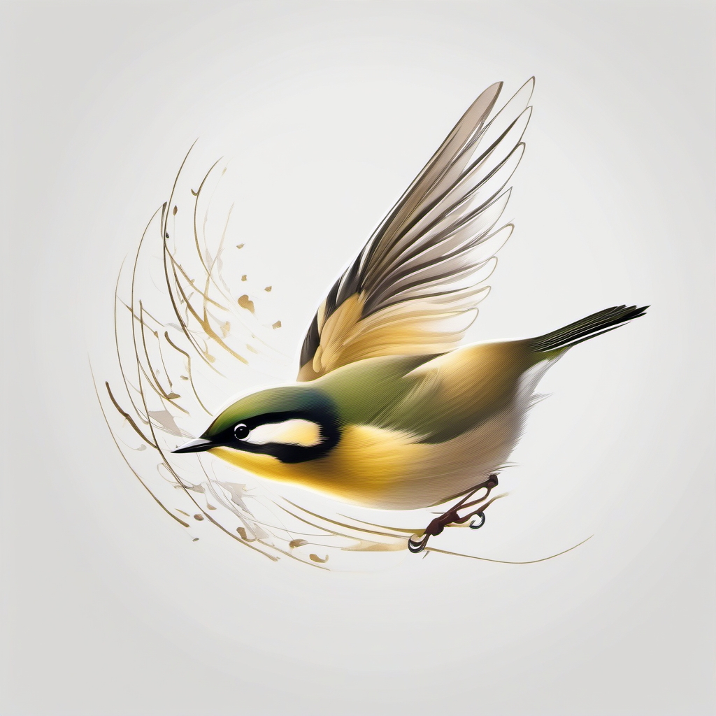 Goldcrest tattoo in ephemeral, fleeting flight.  color tattoo style, minimalist design, white background