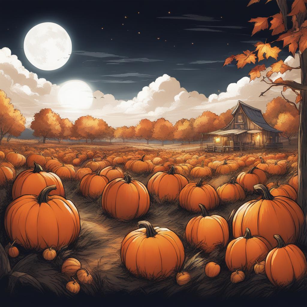 pumpkin patch adventure - sketch an anime scene of characters exploring a magical pumpkin patch, with glowing pumpkins all around. 