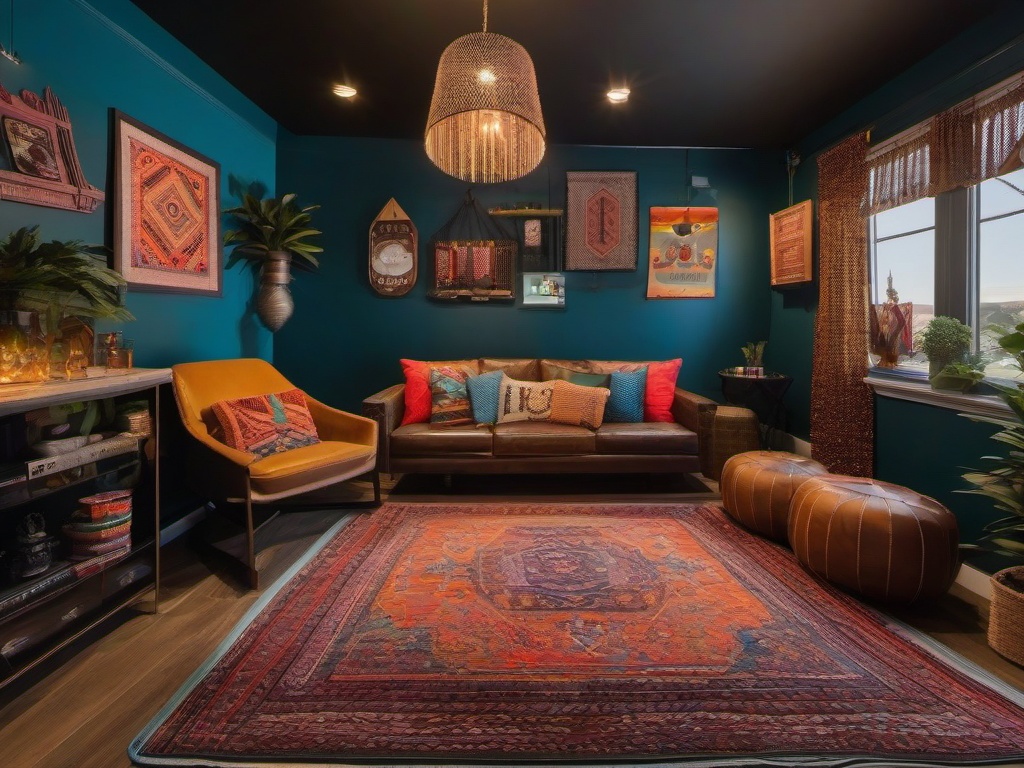 Bohemian gamer room is adorned with colorful rugs, eclectic decor, and comfortable seating, creating a lively and personalized environment for gaming marathons.  