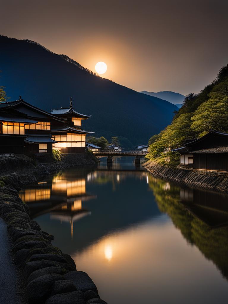 kiso valley - craft a serene night scene in the historic kiso valley, where lantern-lit post towns along the nakasendo trail evoke the spirit of ancient japan. 