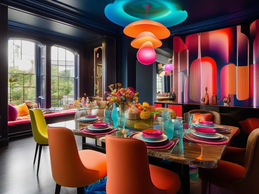 The dining room embodies psychedelic interior design with colorful table settings, playful light fixtures, and eclectic decor that transform meals into a visually stimulating experience.  