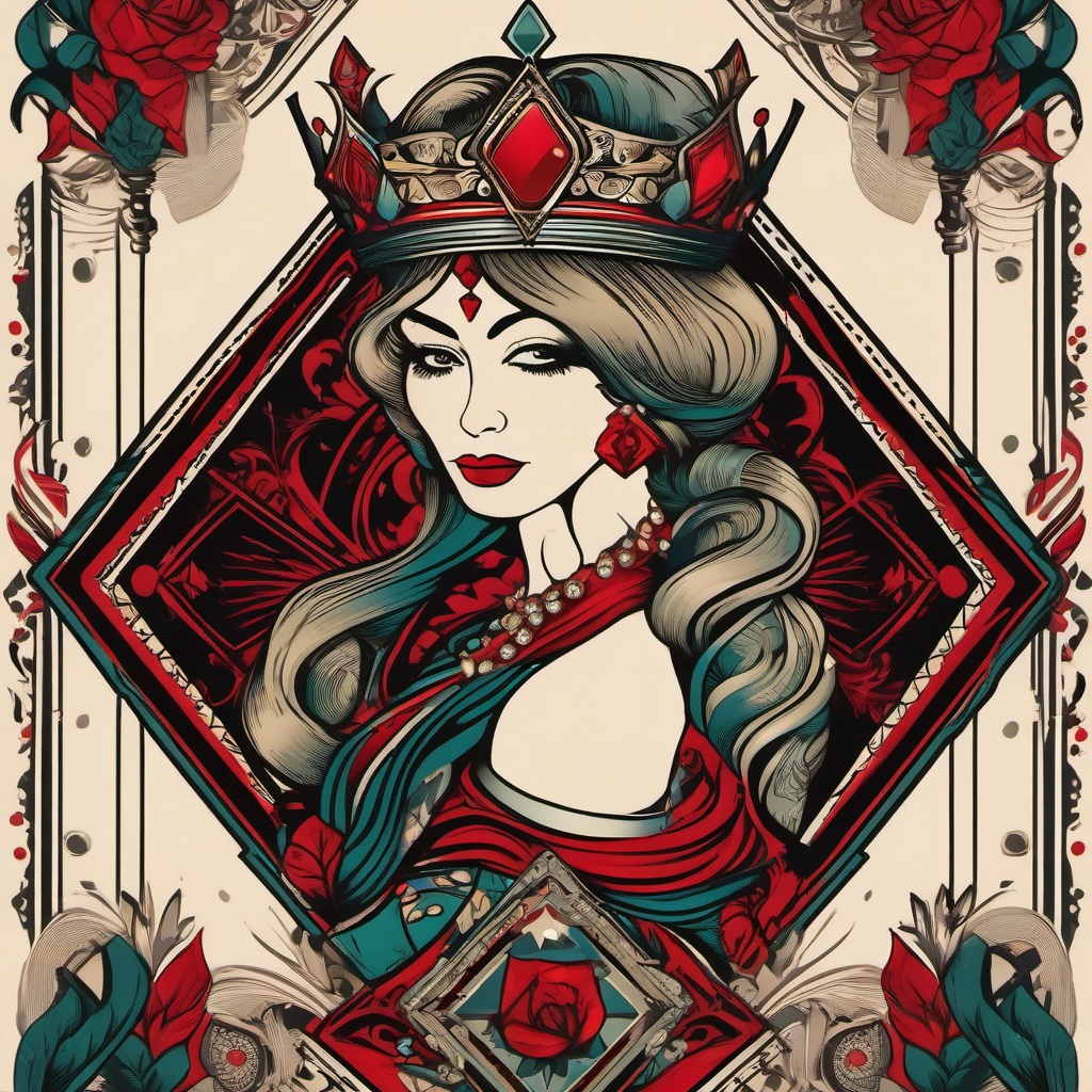 Queen of Diamond Tattoo-Bold and artistic tattoo featuring the queen of diamonds card, capturing themes of wealth and power.  simple color vector tattoo
