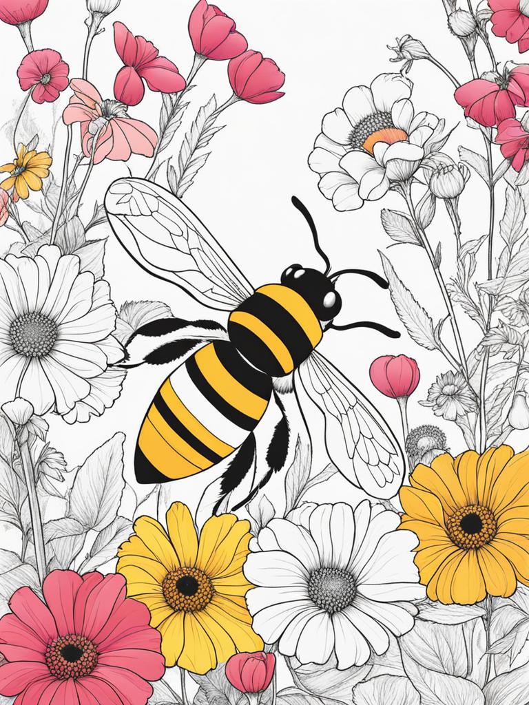 flower coloring pages - bees buzz among colorful flowers in a sunny garden. 