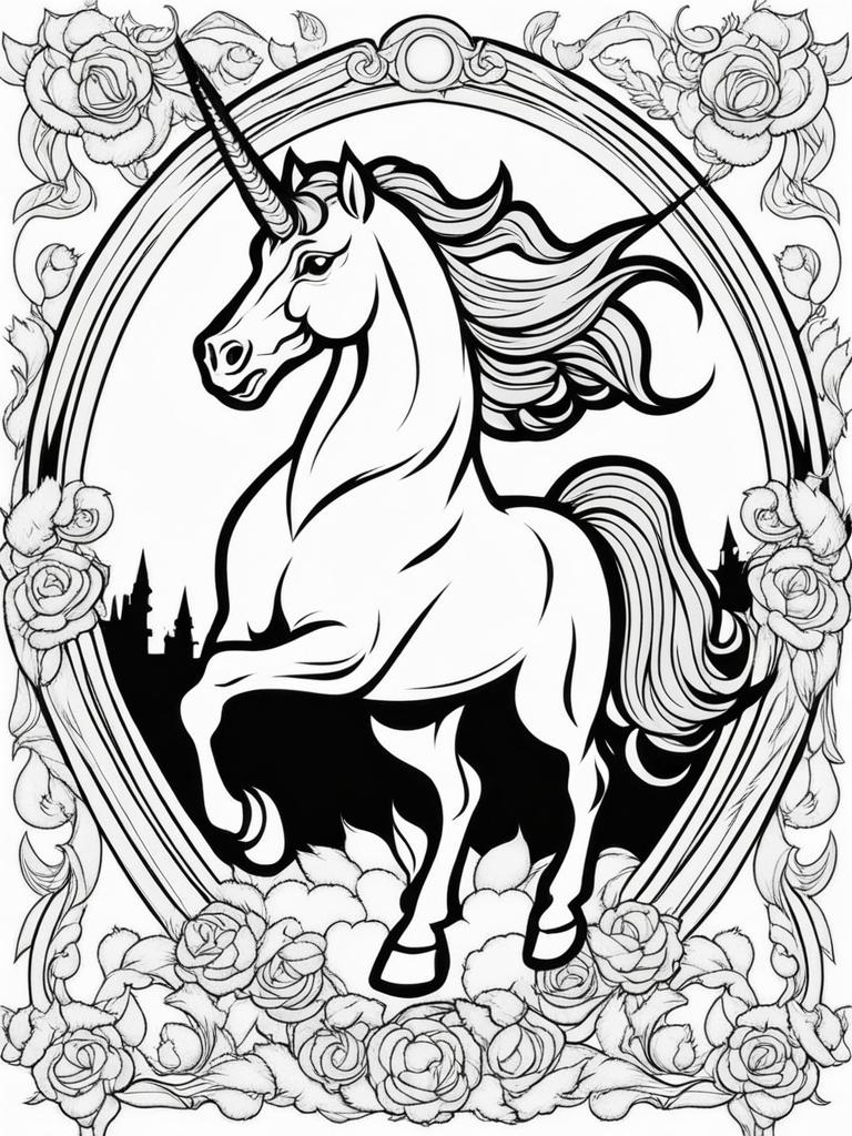 unicorn coloring pages - fierce unicorn charging into battle, its horn glowing with mystical energy as it defends a magical realm. 