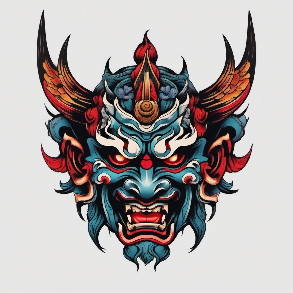 japanese oni mask tattoo  simple color tattoo,white background,minimal