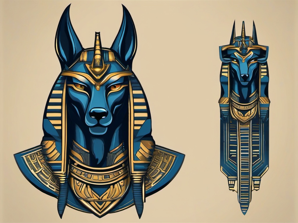 Anubis God Tattoo-Bold and dynamic tattoo featuring Anubis, the ancient Egyptian god associated with mummification and the afterlife.  simple color vector tattoo