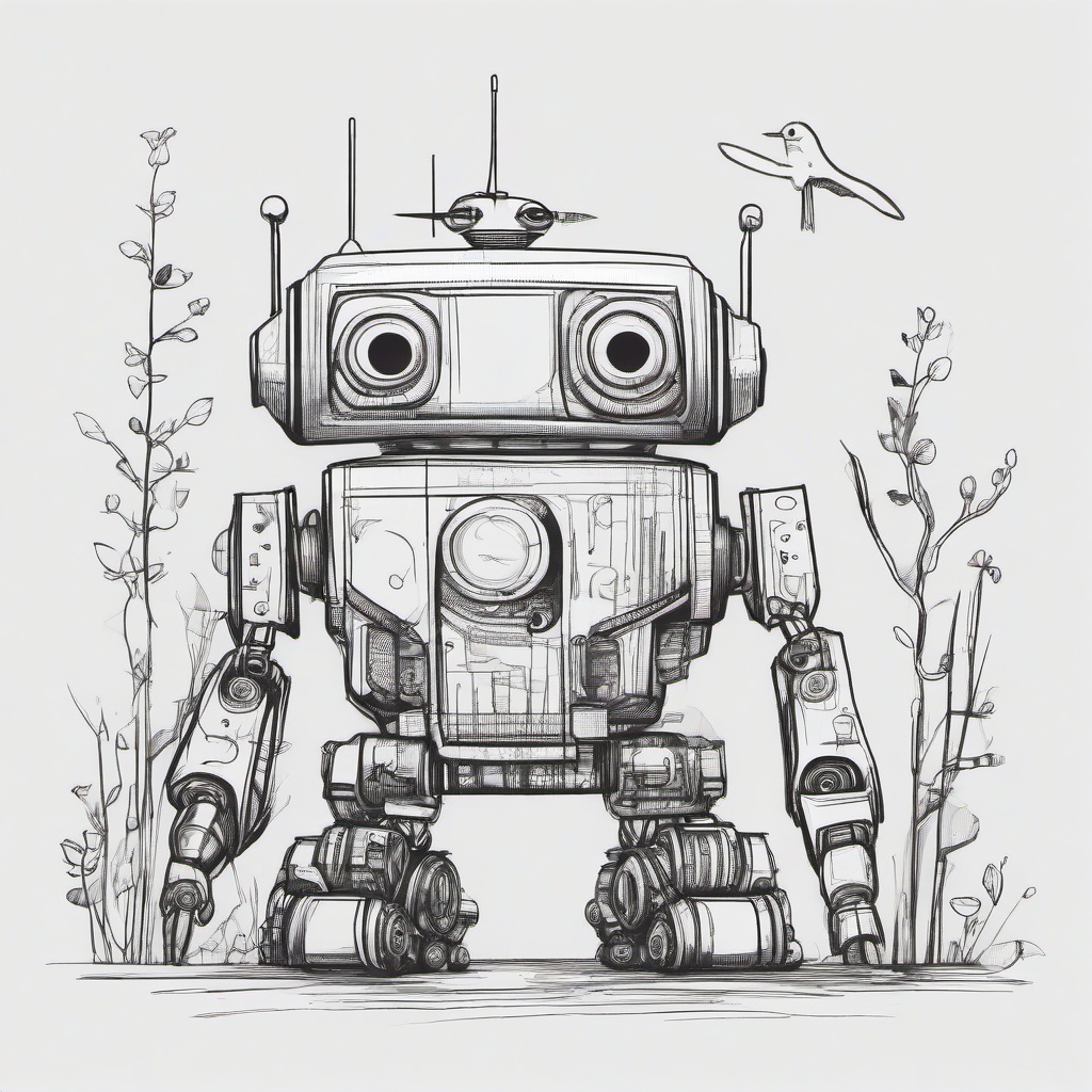 drawing of a robot and animals  minimal rough sketch scribbles,doodles,black and white