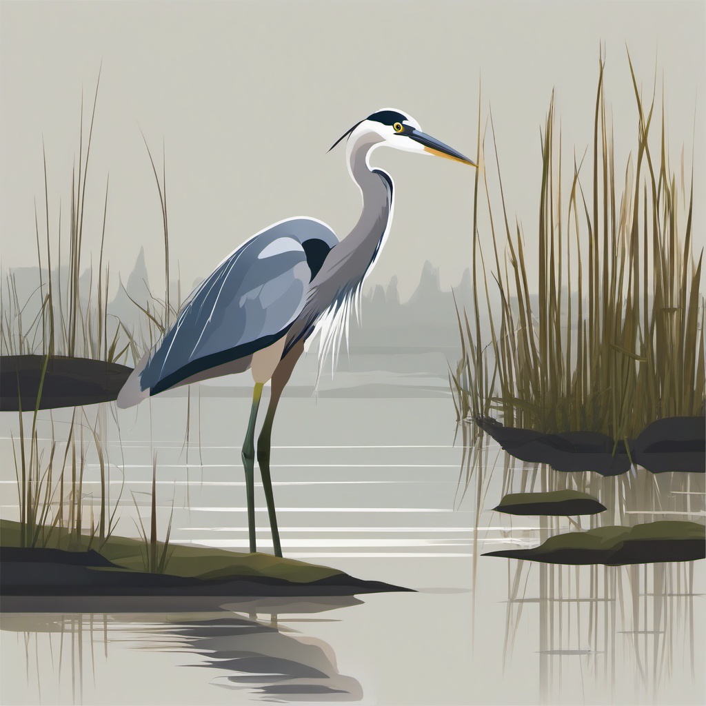 Heron Clipart - Heron wading in a shallow marsh , minimal, 2d