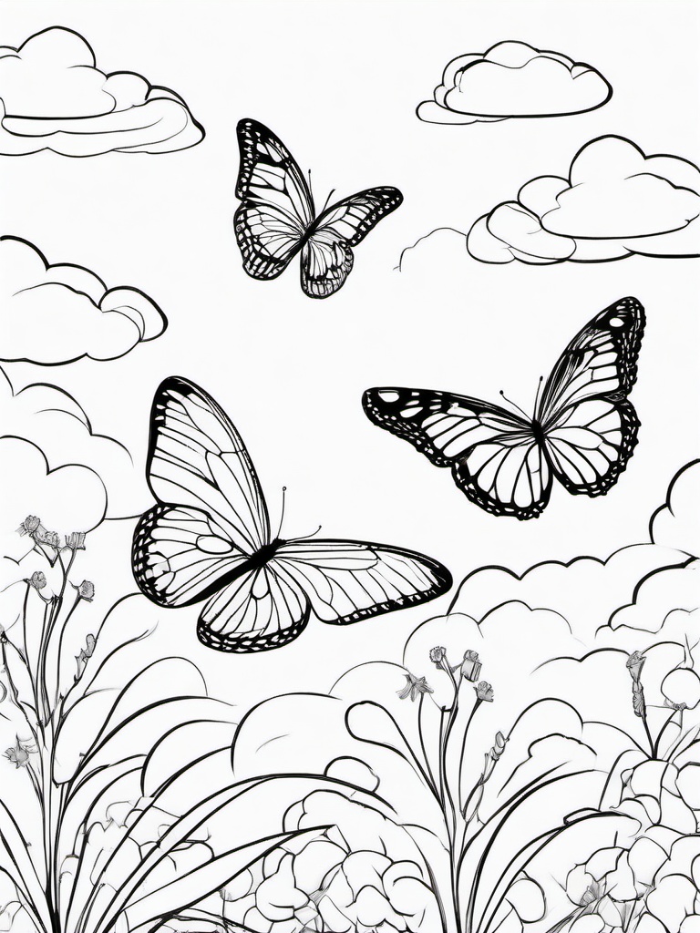 Butterfly and Clouds Coloring Pages - Floating Butterflies Among Fluffy Clouds  minimal black outline printable sheet, coloring page