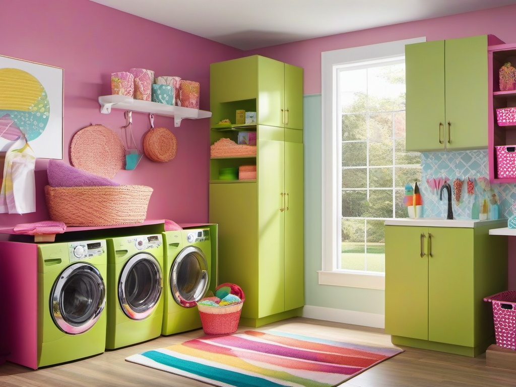 Candy Land laundry room features colorful storage bins, playful wall art, and cheerful decor, transforming chores into a fun and delightful experience.  