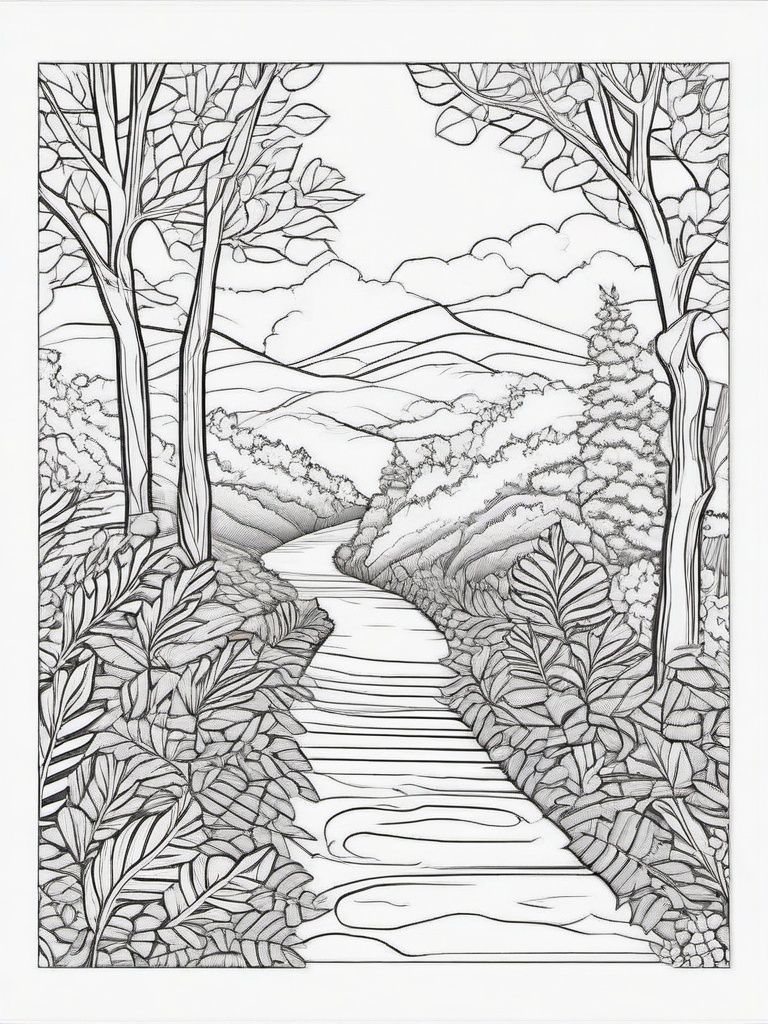 Winding Paths Coloring Pages - Scenic Trails Covered in Leaves  minimal black outline printable sheet, coloring page