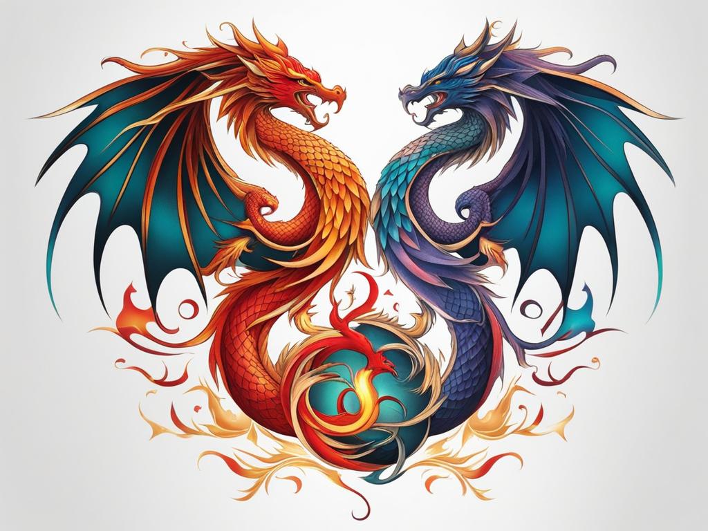 Dragon and phoenix tattoo, Creative tattoos that blend the power of dragons with the grace of phoenixes.  color, tattoo style pattern, clean white background