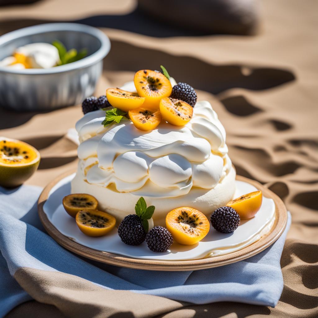 pavlova with passion fruit, a meringue dessert, enjoyed at a beachfront picnic on a sunny day. 