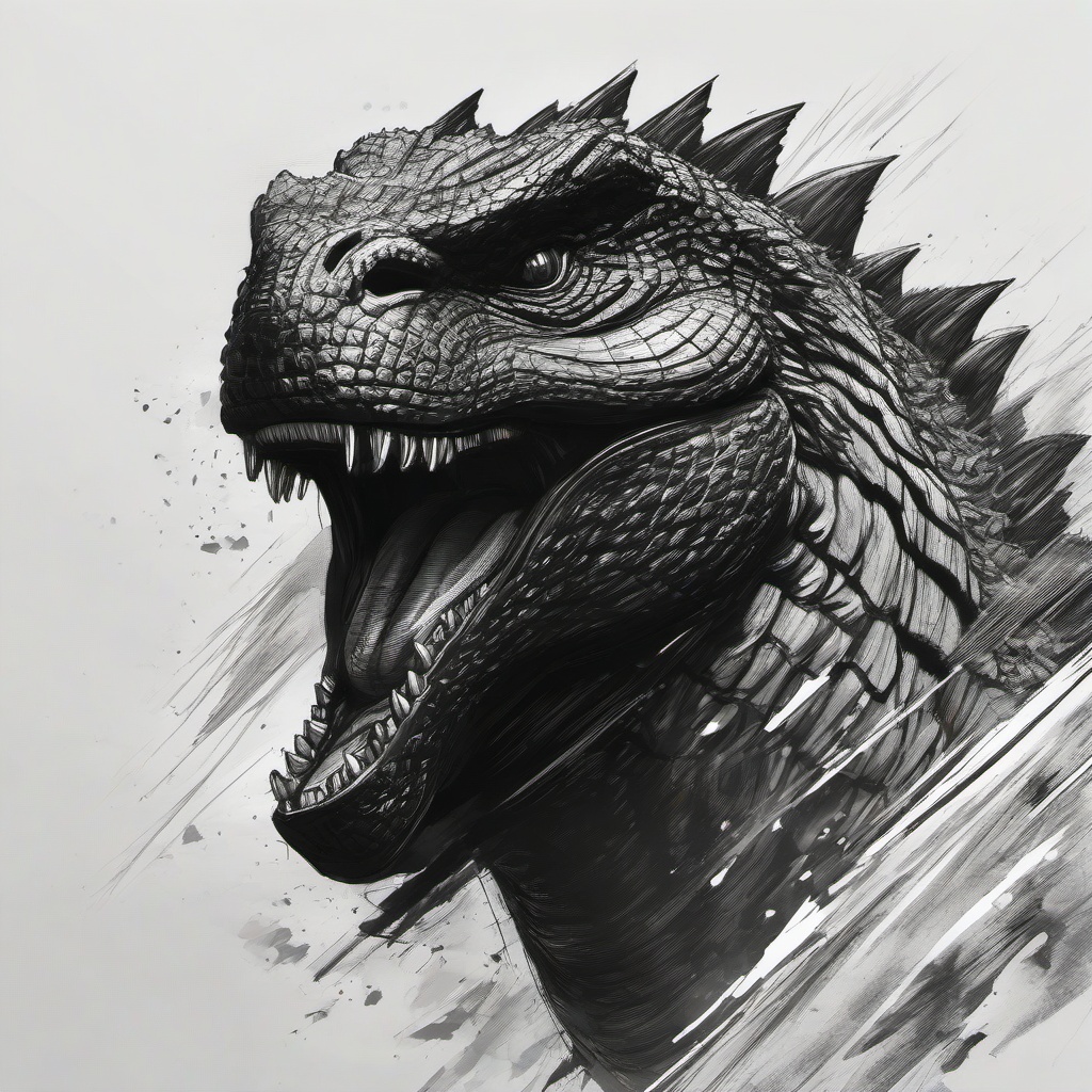 drawing of Godzilla roaring  minimal rough sketch scribbles,doodles,black and white