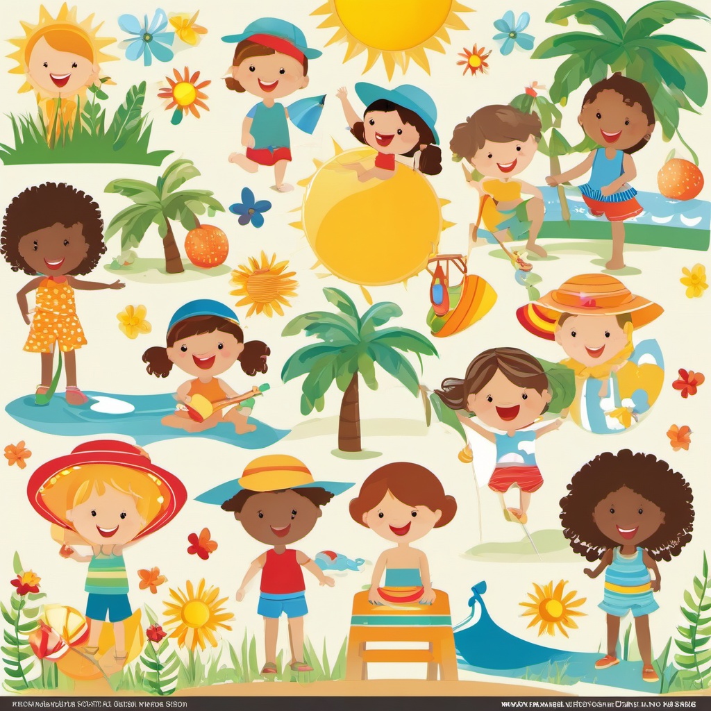 Summer clipart - children playing outside in the sun  