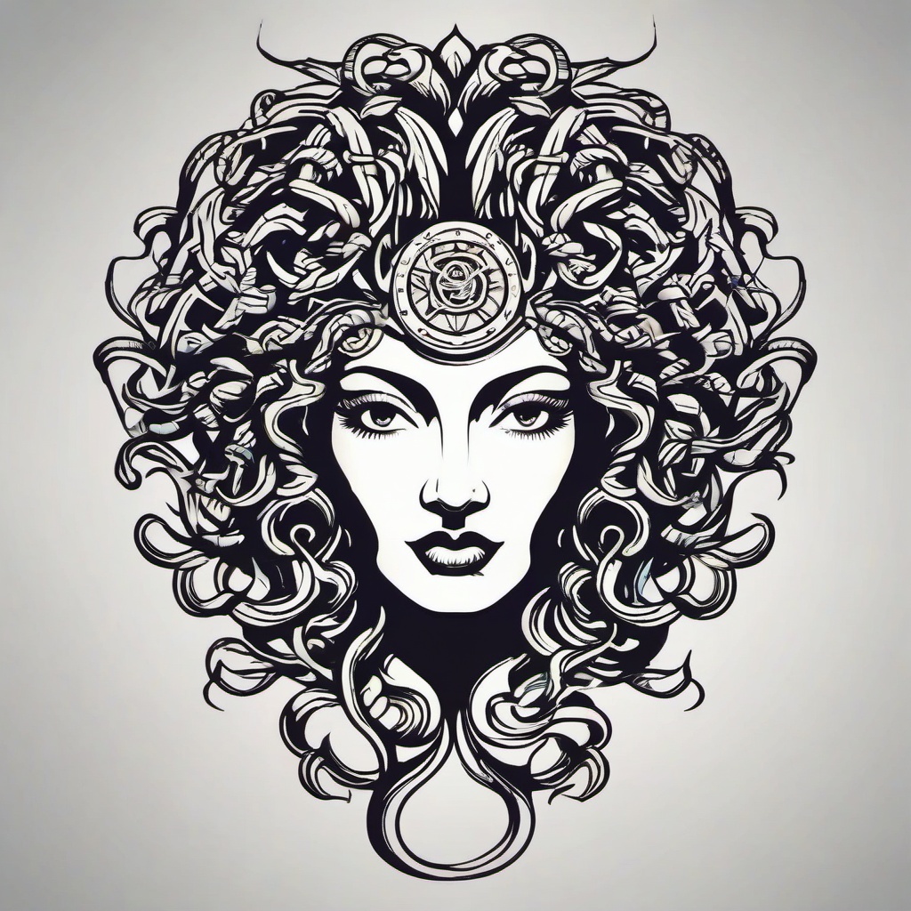 Colored Medusa Tattoo - Add vibrancy to your ink with a colored Medusa tattoo, featuring rich hues that bring this mythical figure to life.  simple vector color tattoo,minimal,white background