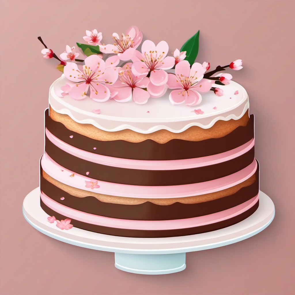 Cake with Cherry Blossoms Sticker - Cake adorned with delicate cherry blossoms, ,vector color sticker art,minimal