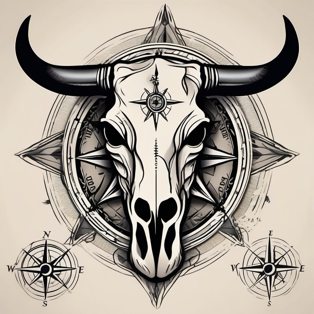 Cow skull and compass design: Navigating life's journey, symbolic direction.  simple color tattoo style