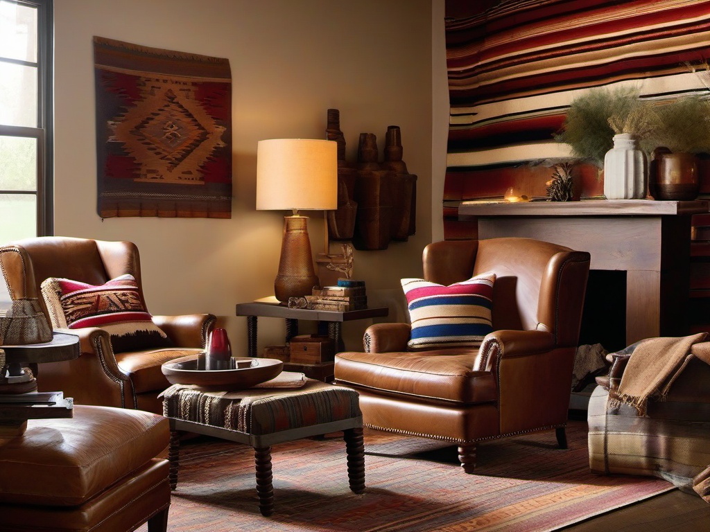 Southwestern living room featuring Pendleton wool blankets, Ralph Lauren leather armchairs, and Anthropologie adobe-style textured walls.  