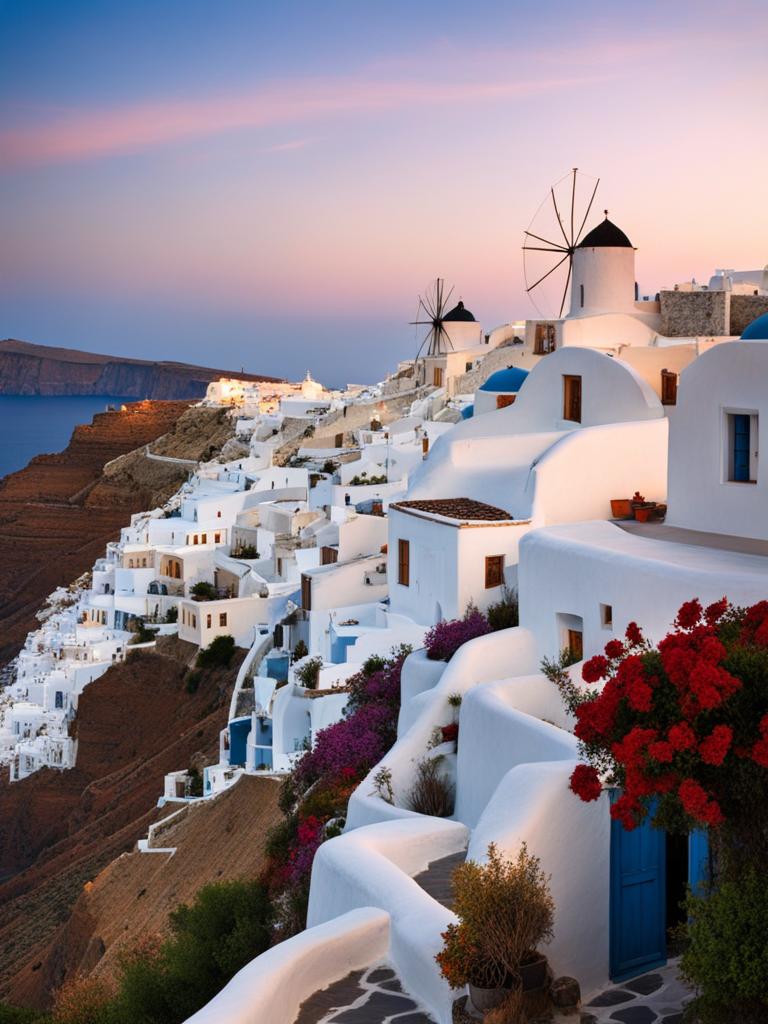 greek cycladic houses, with whitewashed walls, cling to the cliffs of santorini, greece. 