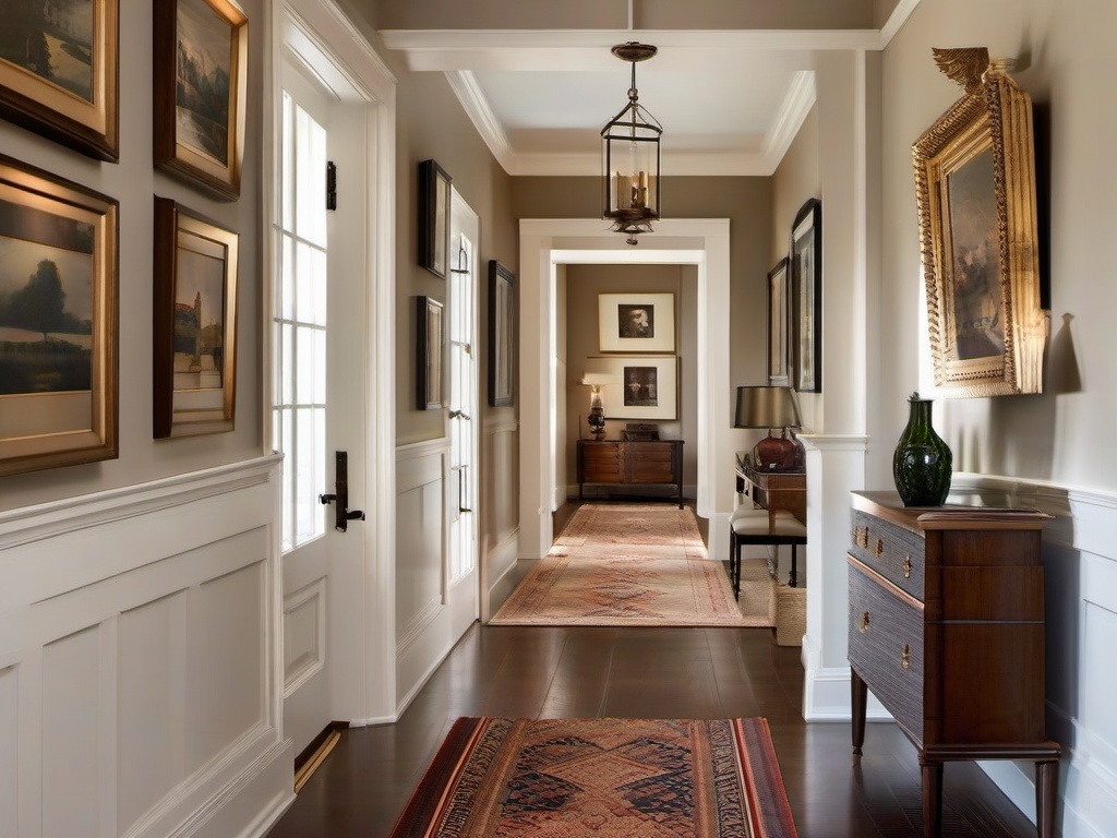 The hallway showcases American Colonial interior design through symmetry, classic artwork, and warm accents that create an inviting passage.  