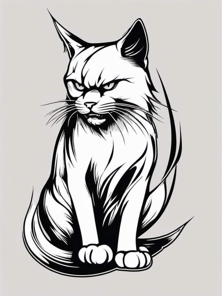 Angry Cat Tattoo - Tattoo depicting a cat in an angry or fierce pose.  minimal color tattoo, white background